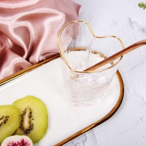 Nordic Lead free Hammer Pattern Heart Shape Gold Rim Design Glass Tumbler Cup Bowl glassware set