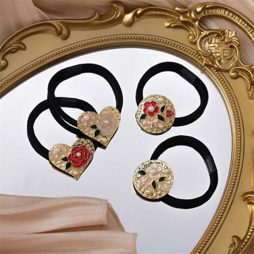 2021 New Vintage Metal Heart Round Flower Elastic Hair Bands For Women Hair Accessories Scruchies