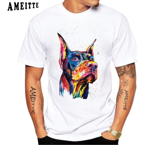 New Summer Fashion Men Short Sleeve Colorful Doberman Dog Design T-Shirt Funny Cool Dog Print Tops Hip Hop Style White Tee