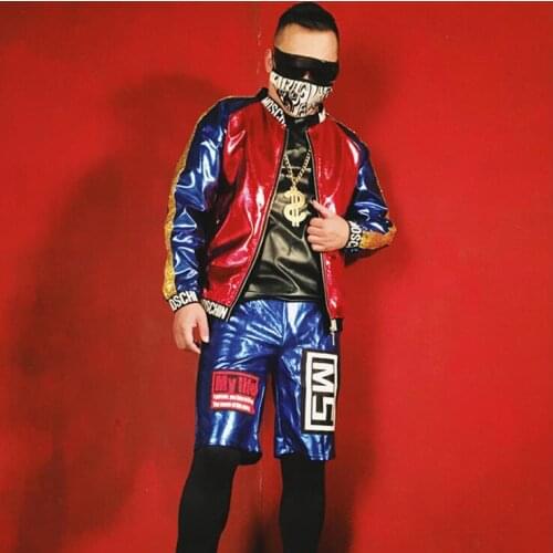 New stage dress baseball jacket for men hairdresser nightclub male singer DJ personality blue and red gold stitching PU outerwea