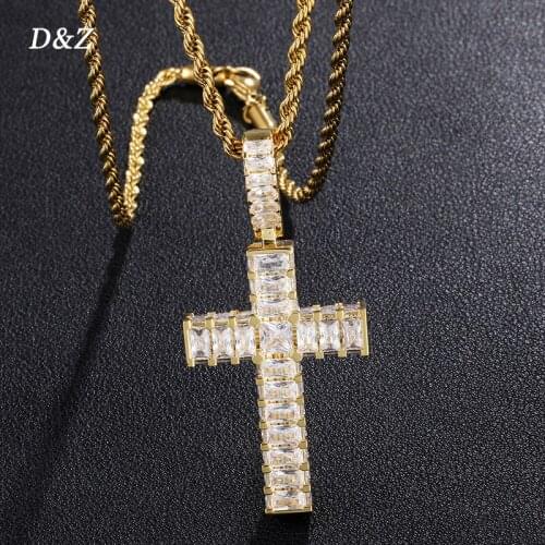 D&Z New Baguette Cross Pendant Necklace Iced Out Cubic Zircon Stones Gold Silver Color Hip Hop Charm Necklace Jewelry Gift
