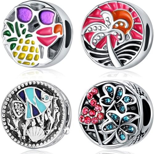 1Pcs New Pineapple Coconut Flower Fish Pendant DIY Beads Suitable for Original Pandora Charm Bracelet Ladies Jewelry Making Gift