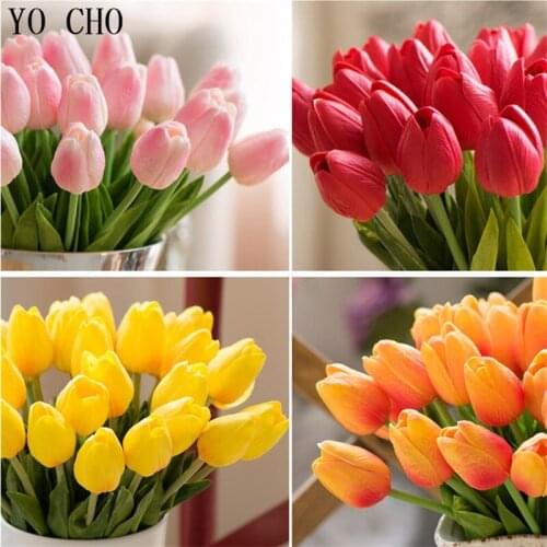 YO CHO 31pcs/lot Mini Tulip Flowers PU Artificial Bouquet Latex Real Touch Flowers For Home Wedding Decorative Mothers Day Gift