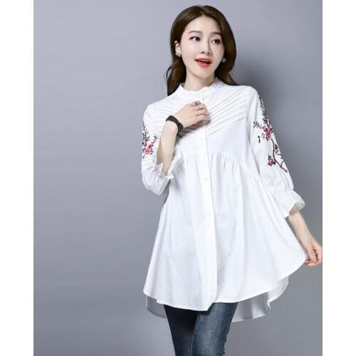 Spring summer womens nine quarter sleeve o neck cotton shirt tops female fashion long shirt casual chic shirt blouse TB1233