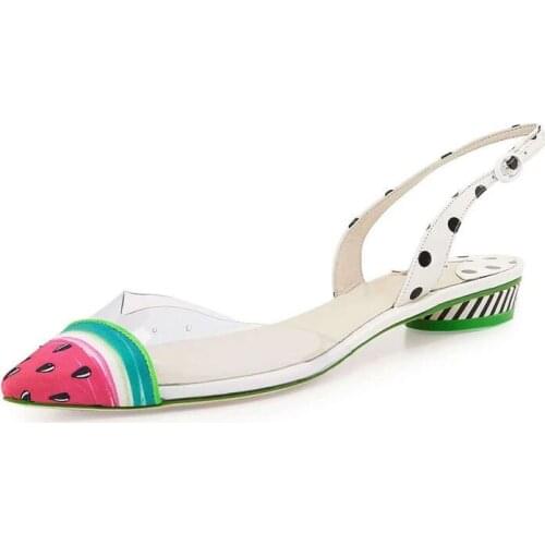 Women Watermelon Pointed Toe Square Low Heels Ankle Strap Sandals Ladies Vacation PVC Buckle Strap Slingback Shoes