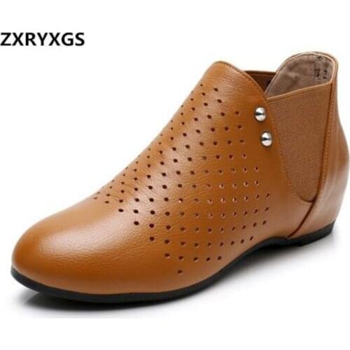 2021 New Spring Summer Hollow Genuine Leather Shoes Woman Boots Light Comfort Flat Ankle Boots Women Shoes Boots Large Size 43