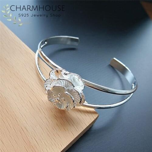 Pure Silver 925 Bangles For Women Flower Cuff Bangle & Bracelet Wristband Pulseira Femme Wedding Bridal Jewelry Bijoux Gifts