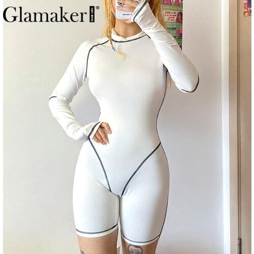 Glamaker White long sleeve bodycon sexy jumpsuit romper Female autumn winter streetwear black playsuit overalls 2020 new