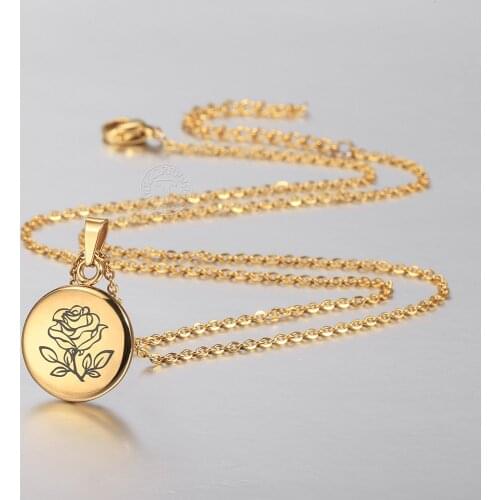 Stainless Steel Gold Coin Birth Flower Pendant Necklace For Women Girls Rose Daisy Violet Pendant Charm Birthday Gift KP667A