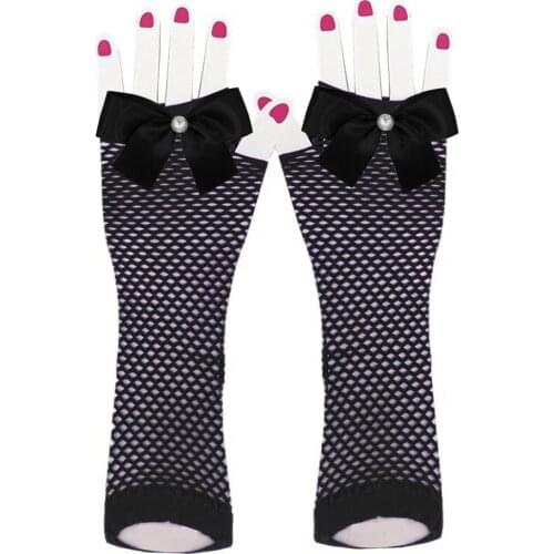 2PAIRS/4PCS Womens Fingerless Streetwear Fishnet Lace Hollow Out High Elasticity Long Hand Vintage sexy party Bownet gloves