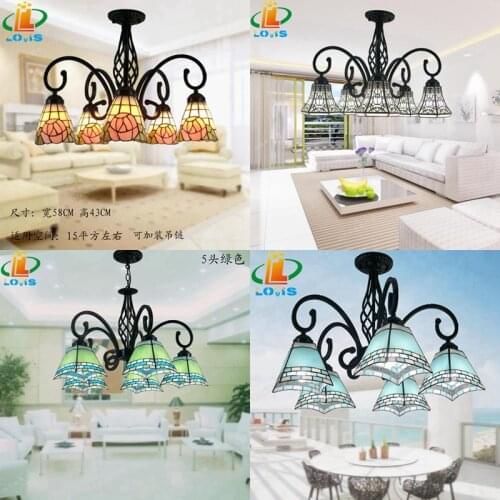 American 5-head rose flower living room iron ceiling lamp Mediterranean glass Tiffany lamp simple fashion bedroom chandelier