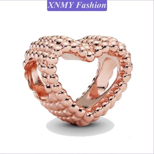New Rose Gold Color Beaded Open Heart Beads fit Original Pandora Charms Women Bracelet DIY Jewelry Making
