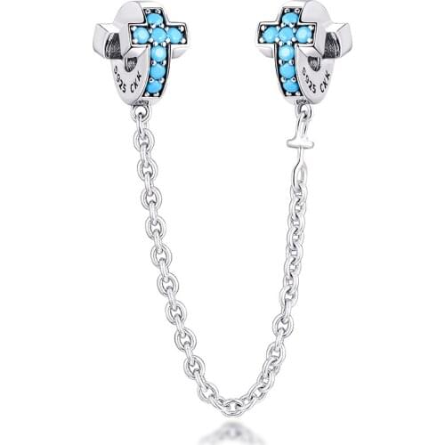 CKK Genuine 925 Sterling Silver Beads Faith Cross Safety Chain Charms Fit Pandora Bracelet Women DIY Jewelry Wholesale