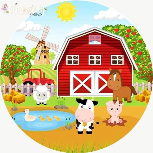 Red Farm Round Backdrop Cover Baby Shower Kids Birthday Party Decor Dessert table Banner Cartoon Animals Cow Photo Background