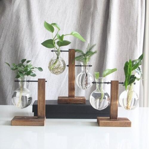 Terrarium Hydroponic Plant Vases Vintage Flower Pot Transparent Vase Wooden Frame Glass Tabletop Plants Home Bonsai Decor 2021