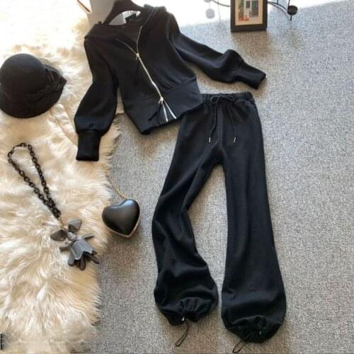 Fashion Women Pants Sets Autumn New 2021 Black Hooded Zipper Short Empired Hoodies Female Pants Suits Top Quality