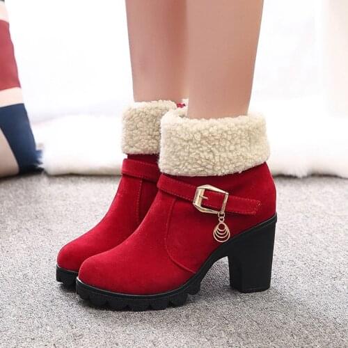 Fashion Brand Ankle Snow Boots Winter High Heel Boots Platform Warm Plush Square Heels Winter Shoes Womens Boots Ladies
