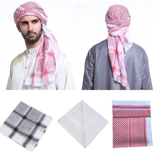 Muslim Men Plaid Print Headscarf Arab Shemagh Dubai Turban Neck Wrap Keffiyeh Arabic Middle East Desert Headcover Shawl