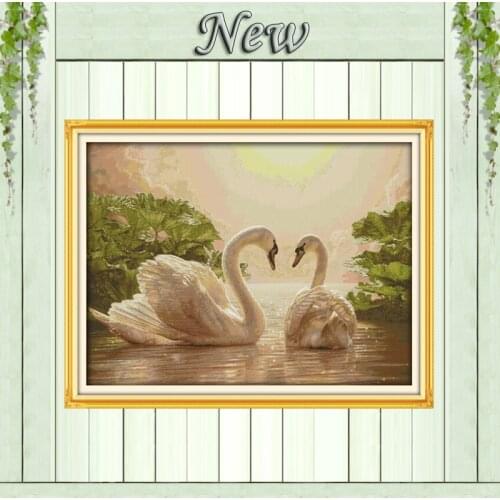Two swans pond sun animal patterns counted printed on canvas DMC 14CT 11CT Joy Sunday Cross Stitch Embroider kits Needlework Set