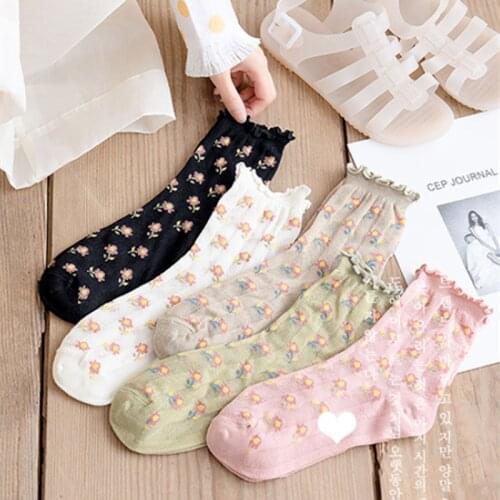 Harajuku Retro Floral Woman Socks Summer Thin Hollow Out Mesh Breathable Crew Socks Lolita Japanese Kawaii Cute Ruffle Socks