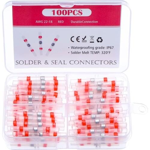 Dropship100pcs Solder Seal Butt Connectors 22-18 AWG Red Waterproof Heat Shrink Wire Connectors Terminals Automotive Electrical