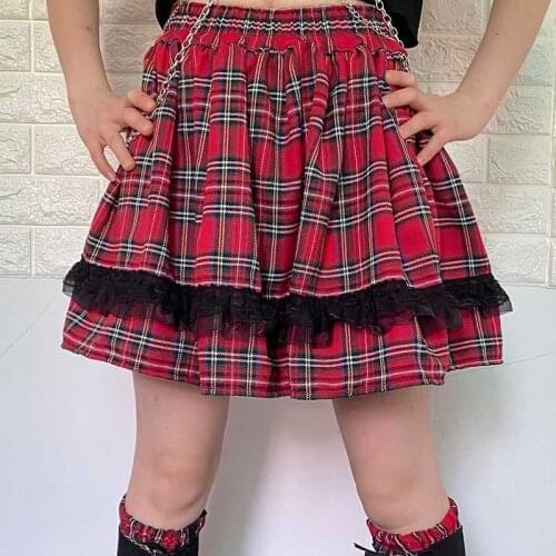 Pink Black Plaid Lace Denim Skirts Womens Girls Y2K Summer Vintage Crop Streetwear Cute Mini Pleated Skirt Gothic Hippie Kawaii