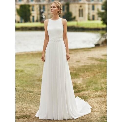 Round Neck A Line Chiffon Outdoor Wedding Dress Keyhole Lace 2021 Bohemian Beach Photos Rustic Maxi Elegant White Bridal Gowns