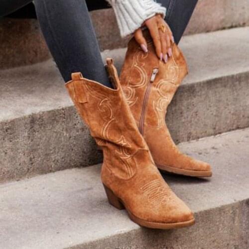 Women Retro Mid-Calf Boots Ladies Suede Cowboy Short Boots Female Square Heels Shoes Woman Vogue Autumn Winter Zipper Boots