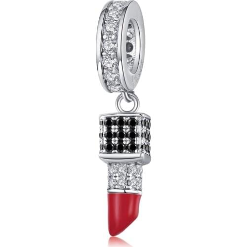 Sterling Silver 925 Clear CZ Dazzling Lipstick Pendant Charm for Women Original Silver Bracelet or Necklace