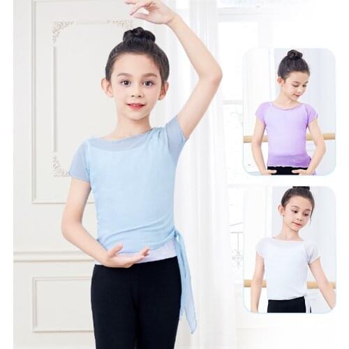 Girls Dance Tops Kids T-shirt Dance Clothes Short Sleeves Gauze Blouse Side Tethered Design Mesh Nylon Tops for Summer