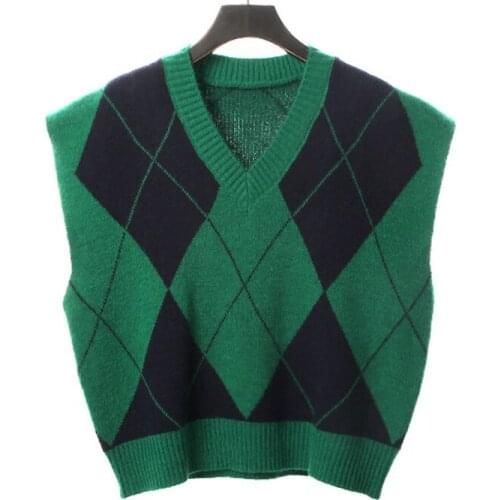 Preppy Style Vintage Argyle Plaid Sweater Vest Sleeveless Waistcoat Women V-Neck Casual Loose Knitted Pullover Vest Chalecos