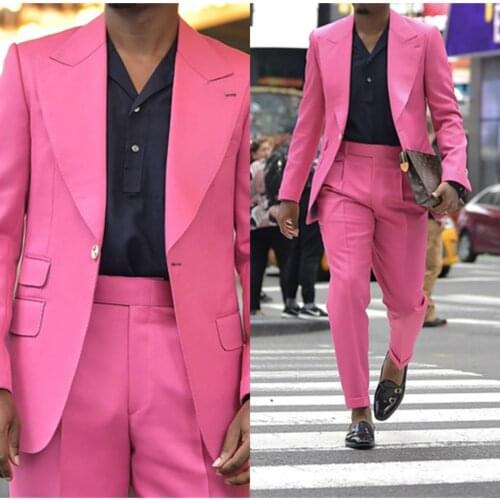 Hot Pink Wedding Tuxedos Fashion Slim Fit Mens Suits Groom Wear For Wedding Party Formal Prom Blazer (Jacket+Pants)