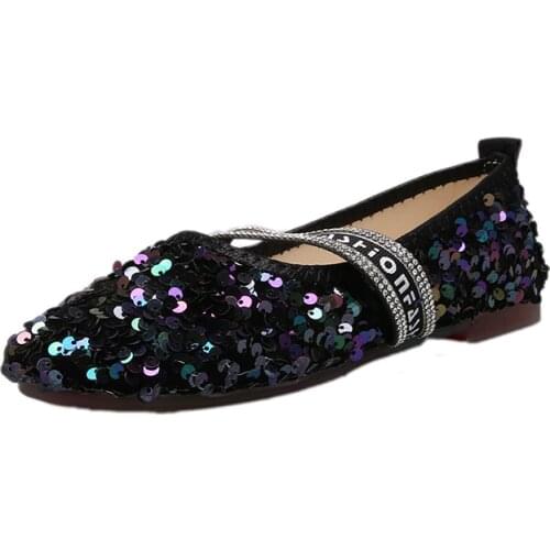 Beanie Shoes Suitable For Feet Wide And Fat Single Female 2019 Summer New Sequined Fairy Gentle Flat Scoop Shoes
