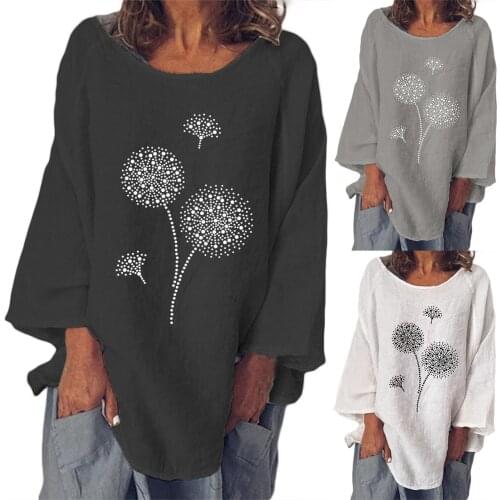 Womens Dandelion Printed O-Neck Long Sleeve Loose Plus Size Comfortable Autumn Shirt 2021 Clothing For Females Camiseta mujer