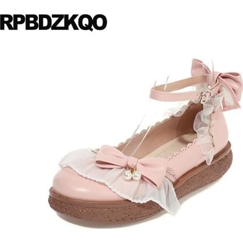 Pink Creepers Platform Shoes Thick Sole Bow Size 11 White Flats Women 10 Large Muffin Heart Ankle Strap Cute Lace Elevator Pearl