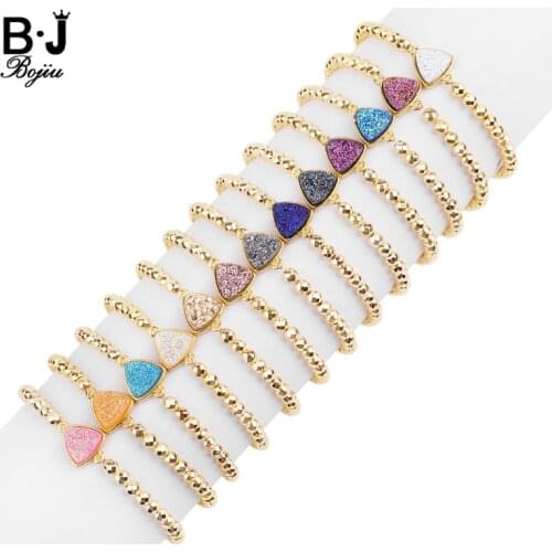 Luxury Boho Gold Plating Small Hematite Beaded Bracelet Women Triangle Natural Druzy Stone Elastic Thread Bracelet Jewelry BC331