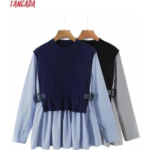 Tangada Women 2021 Patchwork Knitted Sweater Jumper with Belt Female Elegant Oversize Pullovers Chic Tops WN11