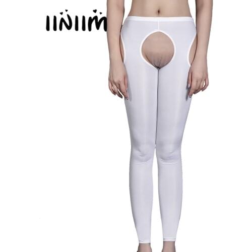 Womens Lingerie Stretchy Hollow Out Leggings Underwear Erotic Crotchless Skinny Pants Glossy Elastic Waistband Sexy Nightwear
