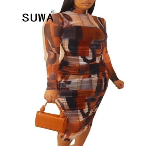 XL-5XL Wholesale Plus Size Clothing Tie Dye Bodycon Knee Length Dresses For Women Long Sleeve Party Night Club Elegant Dress