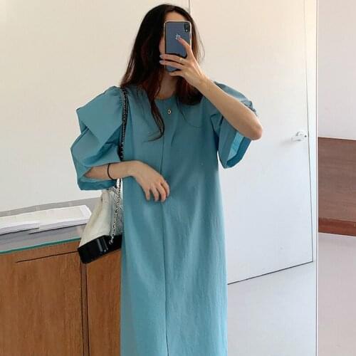 Dresses Women Summer Chic Korean Lace Up Loose Blue O Neck Puff Sleeve Split Dress Short Sleeve Vestido De Mujer Casual Retro