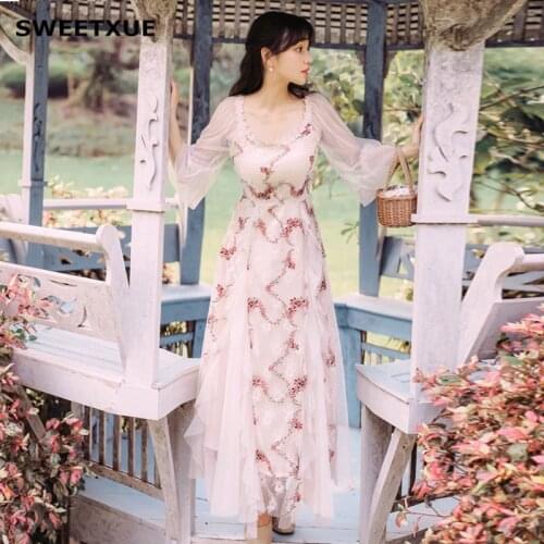 SWEETXUE Mesh Splice Vintage Floral Embroidery Maxi Dress Women Summer Long Sleeve Round Neck Elegant Ladies Wrap Long Dresses