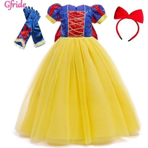 Girls Snow Queen Costume With Headband Gloves For Kids Puff Short Sleeve Big Bow Princess Cinderella Dress Accessories 2-10Yr