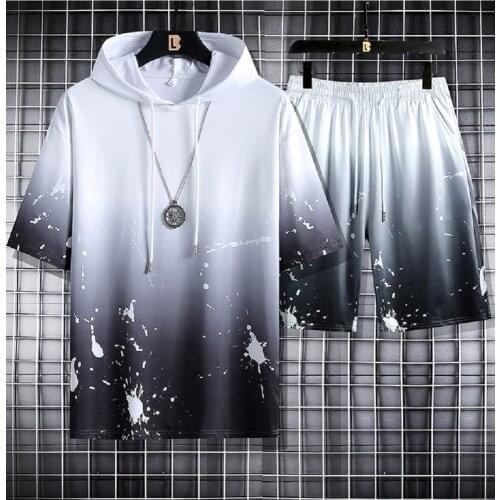 Summer Men Casual Set Gradient Color Male Loose Hooded Tracksuit Hip Hop Mens T Shirt+Shorts 2 Piece Sets Jogging Sportwear Suit
