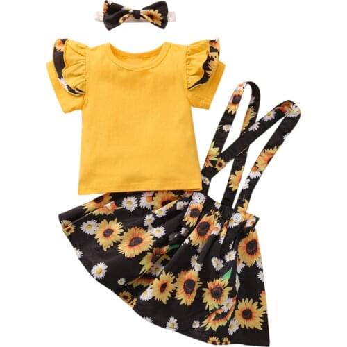 Girl 's Skirt Three Piece Suit Fresh Solid Color Short Sleeve T-Shirt and Sunflower Suspender Skirt with Headband