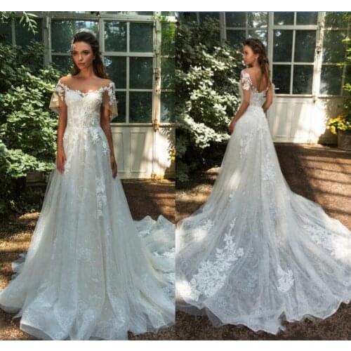 Lace Wedding Dresses A Line Bateau Neck Short Sleeve Bridal Formal Gowns Lace Appliques Sheer robe de mariage