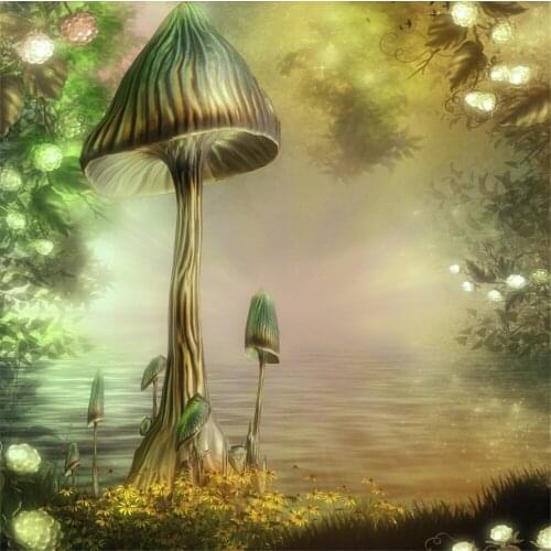 Laeacco Mushrooms Fairytale Flower Waterside Forest Kids Scenic Photography Backgrounds Photographic Backdrops For Photo Studio