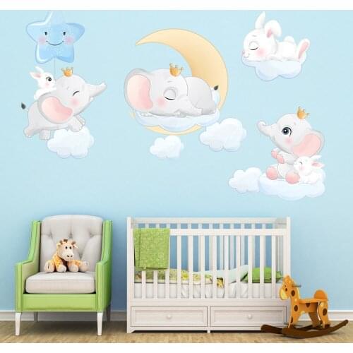 Cute Cloud Animals Wall Stickers Smiling Elephant Bunny Sticker for Kids room Baby Bedroom Decoration Home Decor PVC Decals DIY