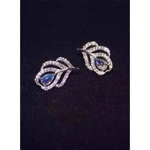 Fashion natural moonstone stud earrings Natural gem stone earrings Elegant personality feathers 925 silver girl gift jewelry