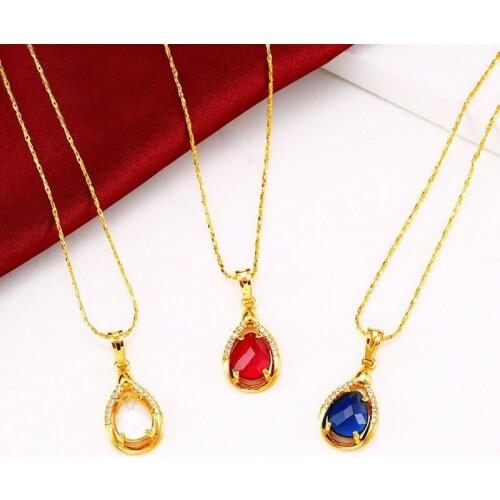 MxGxFam Red Blue Water Drop Pendants Necklace For Women Fashion Jewelry 24 k Pure Gold Color AAA+ 45cm