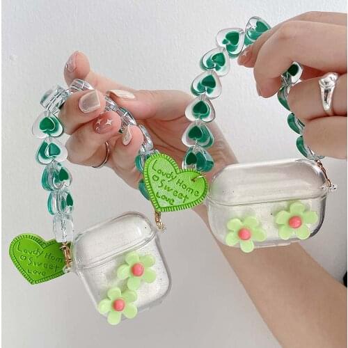 For AirPod Pro Crystal Heart Bracelets Lanyard Chain Strap Flower Case for Apple Airpods 2 1 Soft TPU Earphone Cover Chaging Box